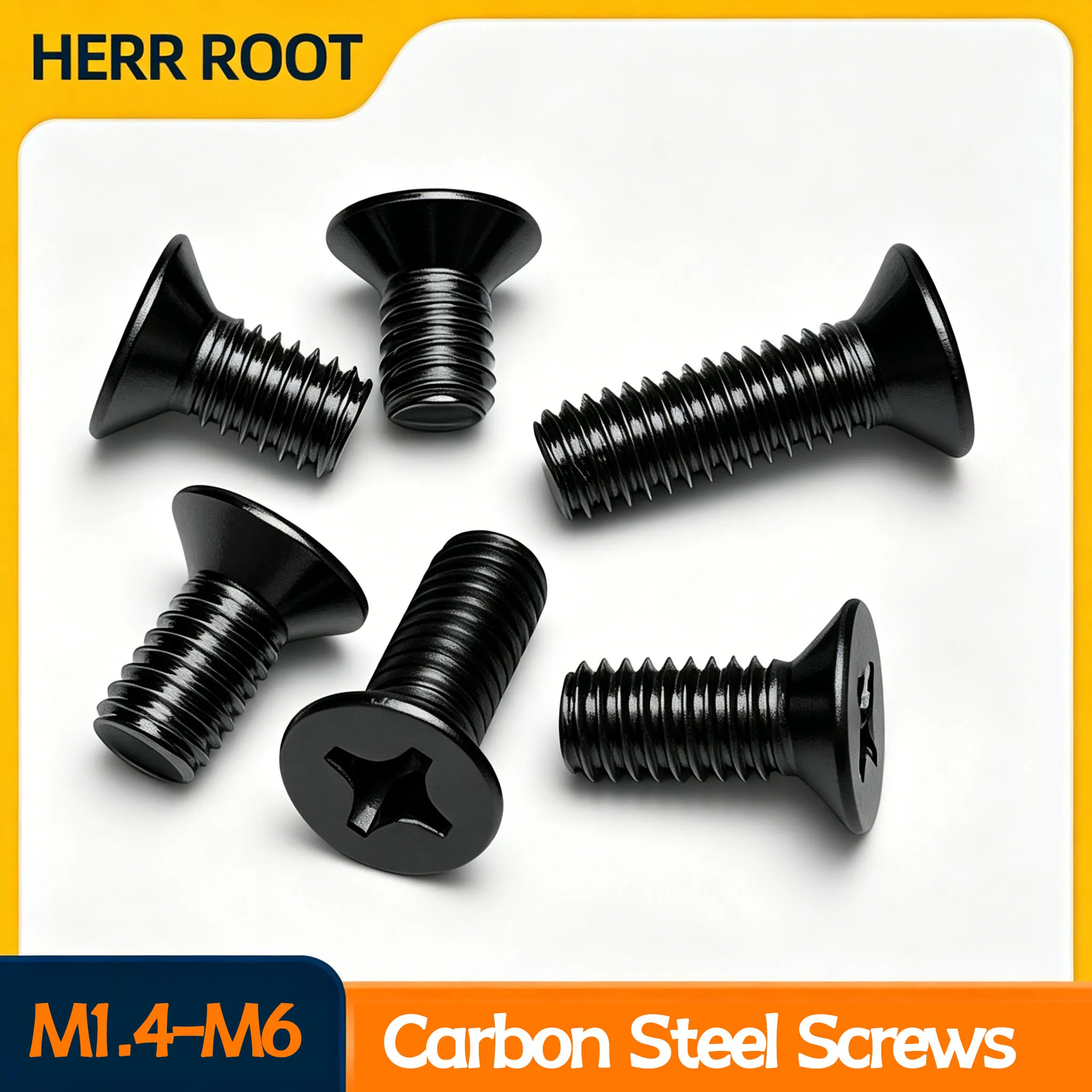 M1.4 M1.6 M2 M2.5 M3 M3.5 M4 M5 M6 Black Carbon Steel Countersunk Phillips Screws Flat Head Cross Bolts DIN965 Metal Fasteners