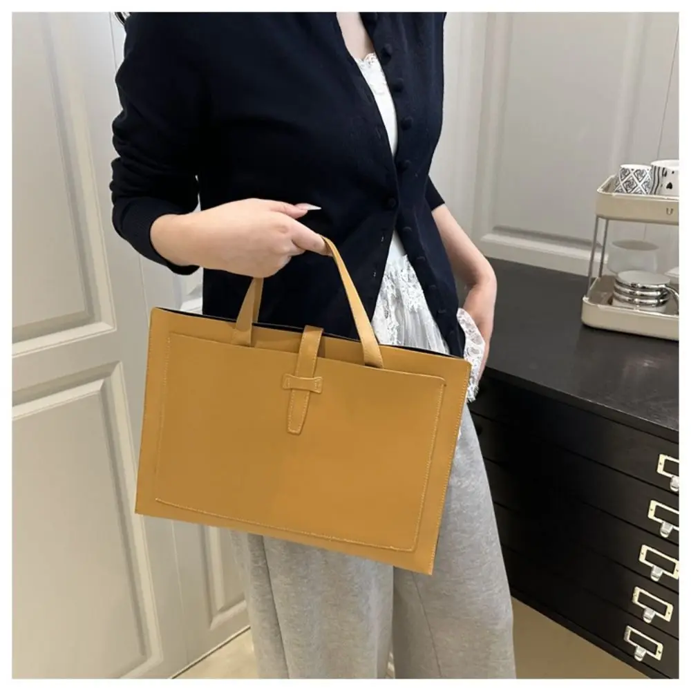 Tas Tote File Warna Solid Sederhana Tas Kantor Kulit PU Tas Tangan Laptop Kasual Bisnis Travel