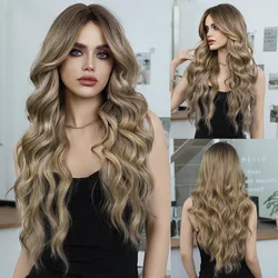 Peluca ondulada completa de fibra química para mujer, cabello largo y rizado de bronce y oro, ocho flequillo, ondas grandes, a la moda