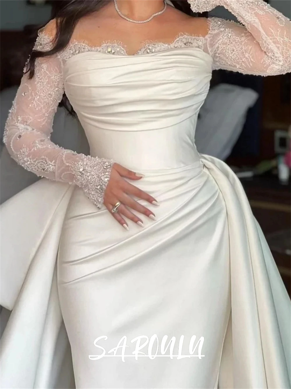 Elegant Satin Mermaid Wedding Dress with Off Shoulder Full Sleeves Long Maxi Plus Size Bride Dresses Customized Bridal Gown image 3