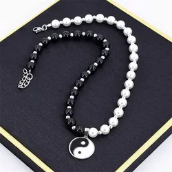 Black White Taoism Yin Yang Round Charm Beaded Faux Pearl Tai Chi Choker Necklace for Men Women Protection Lucky Jewelry Gifts