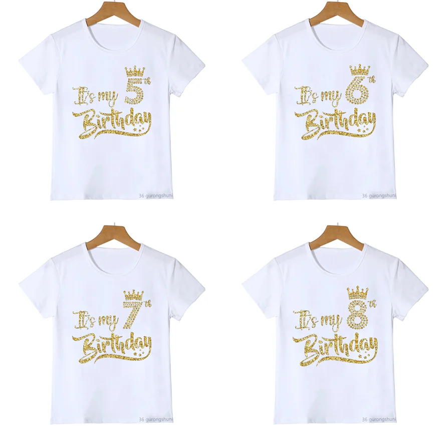 T-Shirt manches courtes pour garçons et filles, avec image de Star imprimé, it's My Birthday 3-10th, couronne, cadeau de fête d'anniversaire