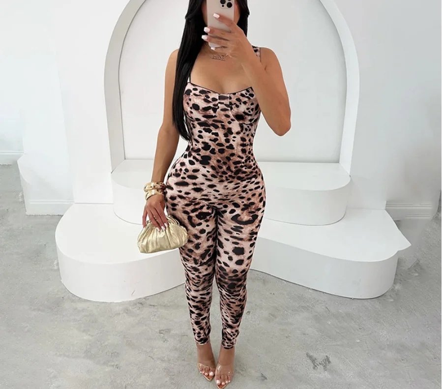 

Summer New Fashion Trend Sexy Style Leopard Print Low Cut V-Neck Cinched Waist Tight Open Back Sleeveless Suspender Jumpsuit