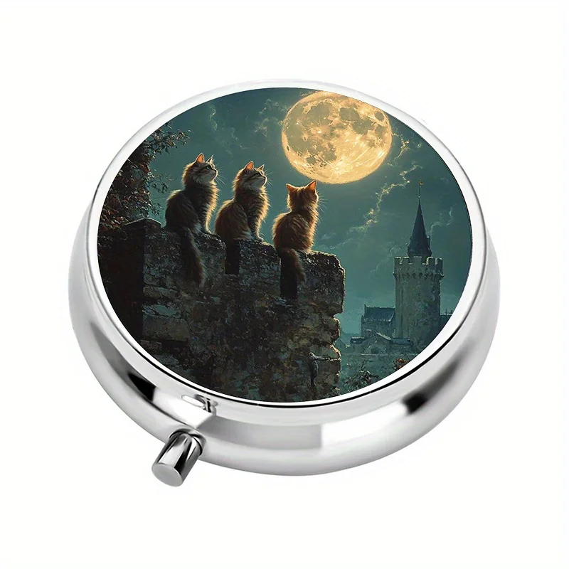 1 pill box, with 3 compartments, cute cat moonlight castle themed mini pill box, pill storage box, portable unique gift