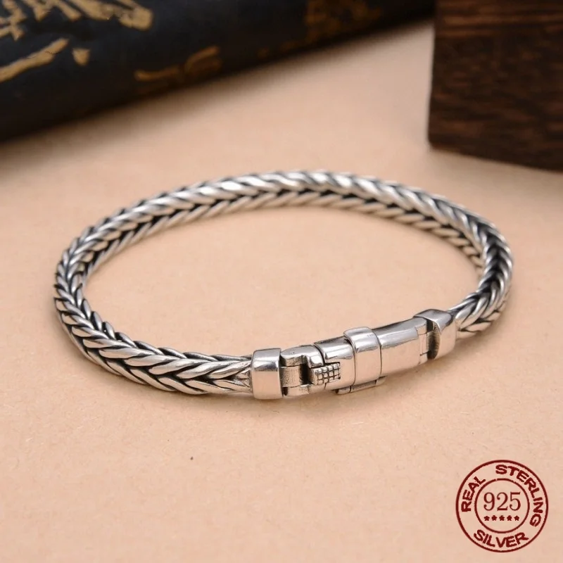 New S925 Sterling Silver Retro Silver Simple Wind Hand Woven Bracelet Men\'s Versatile Bracelet Trend Hand Jewelry Bangle