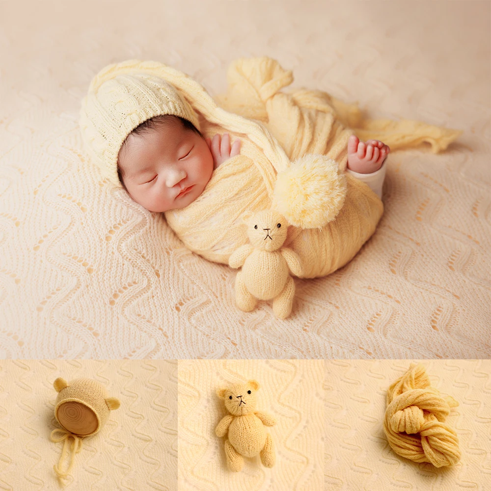 

Professional Newborn Photography Swaddle Wrap Props Baby Wrapping Knit Bear Ear Hat Lace Pillow Studio Yellow Theme Photo Props