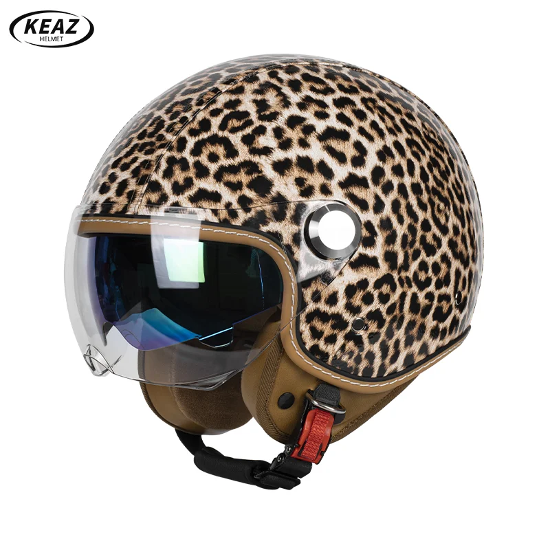 Exquisite Yellow Leopard Print 3/4 Open Face Motorcycle Helmet Equipped with Comfort Inner Lining DOT Safety Wearproof Unisex