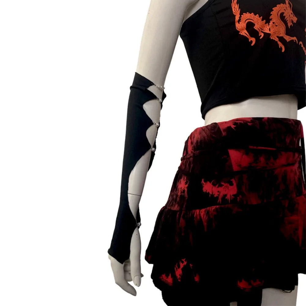 Fashion Cool Black Punk Arm Sleeves Thin Y2K Pearl Half Finger Arm Cover Springy Leg Socks Hollowed Calf Sleeve Girls