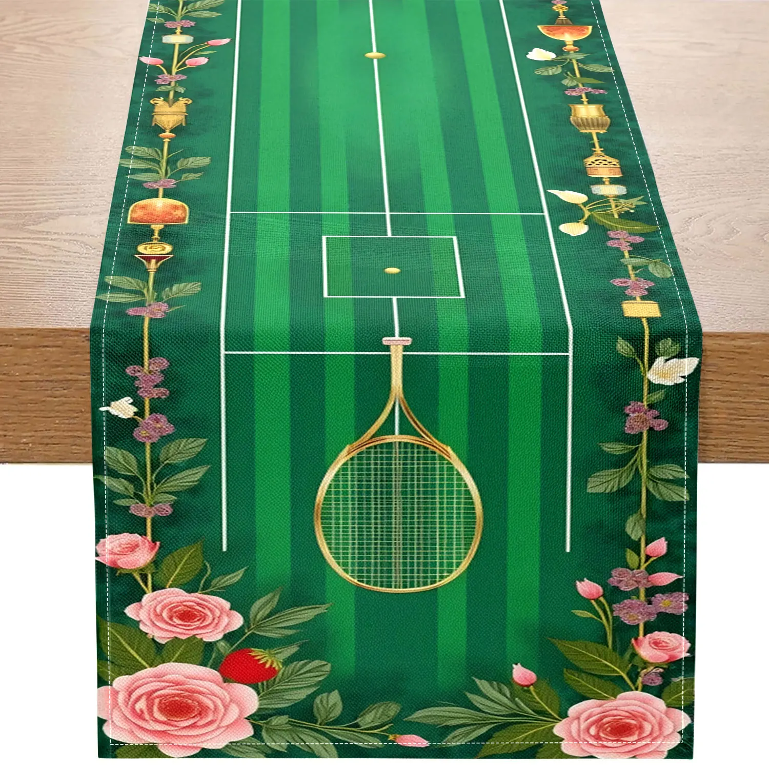 

1 Piece Gold Tennis Racket and Tennis Pattern Table Runner, Sports Theme Party, Restaurant Table Layout, Home Living Room Decoration, Indoor and Outdoor Catering Activities