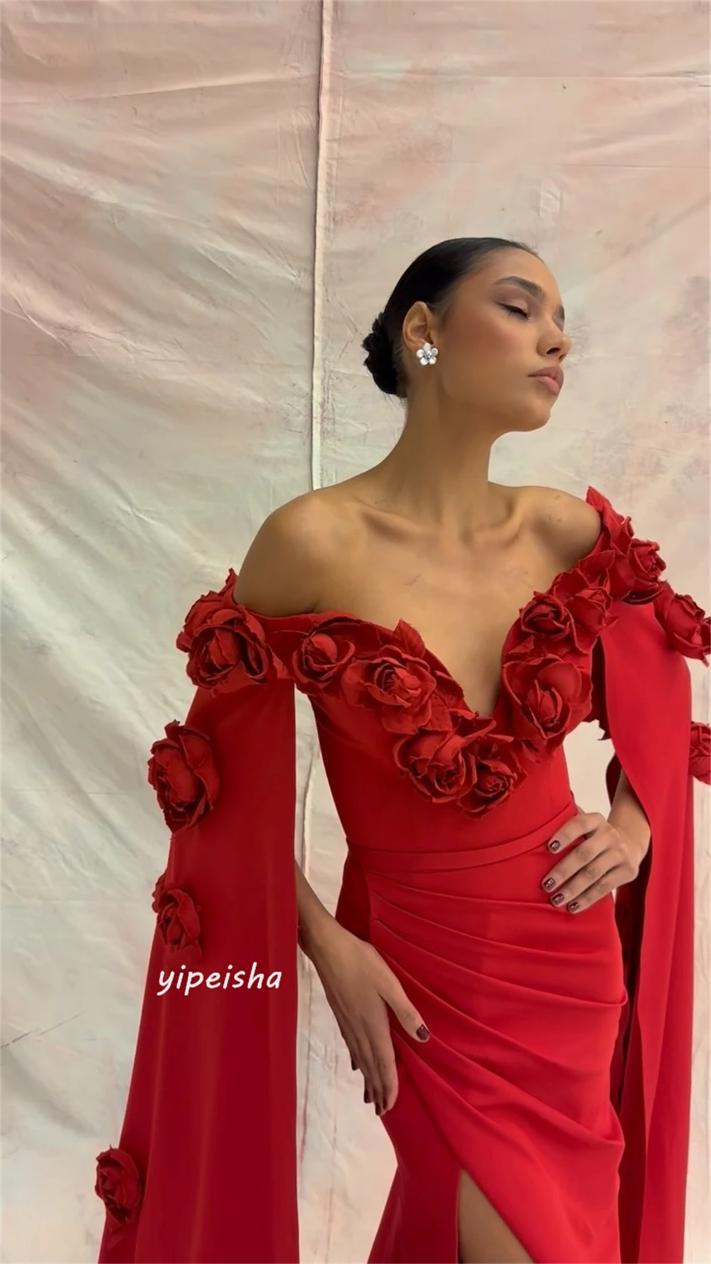 Yipeisha Sexy Modern Style Formal Evening Off the Shoulder A-line Flowers Floor-Length Satin Bespoke Occasion Dresses