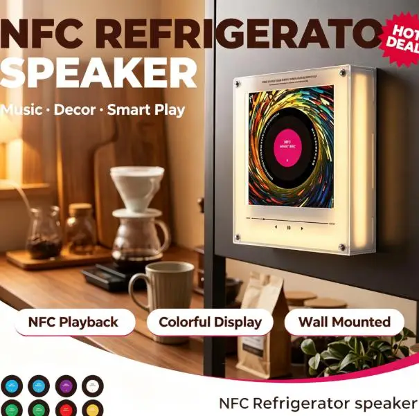 Acrylic NFC Refrigerator Speaker Vinyl Record Style Fridge Magnet Ambient Night Light Type‑C Rechargeable Touch Induction