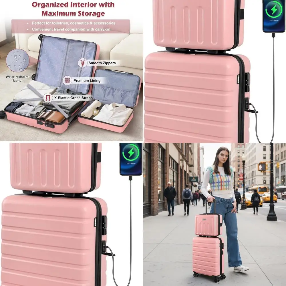 

20 & 14 Lightweight Hardside ABS Luggage Set with USB & TSA Lock for Kids, Pink (2-Piece)