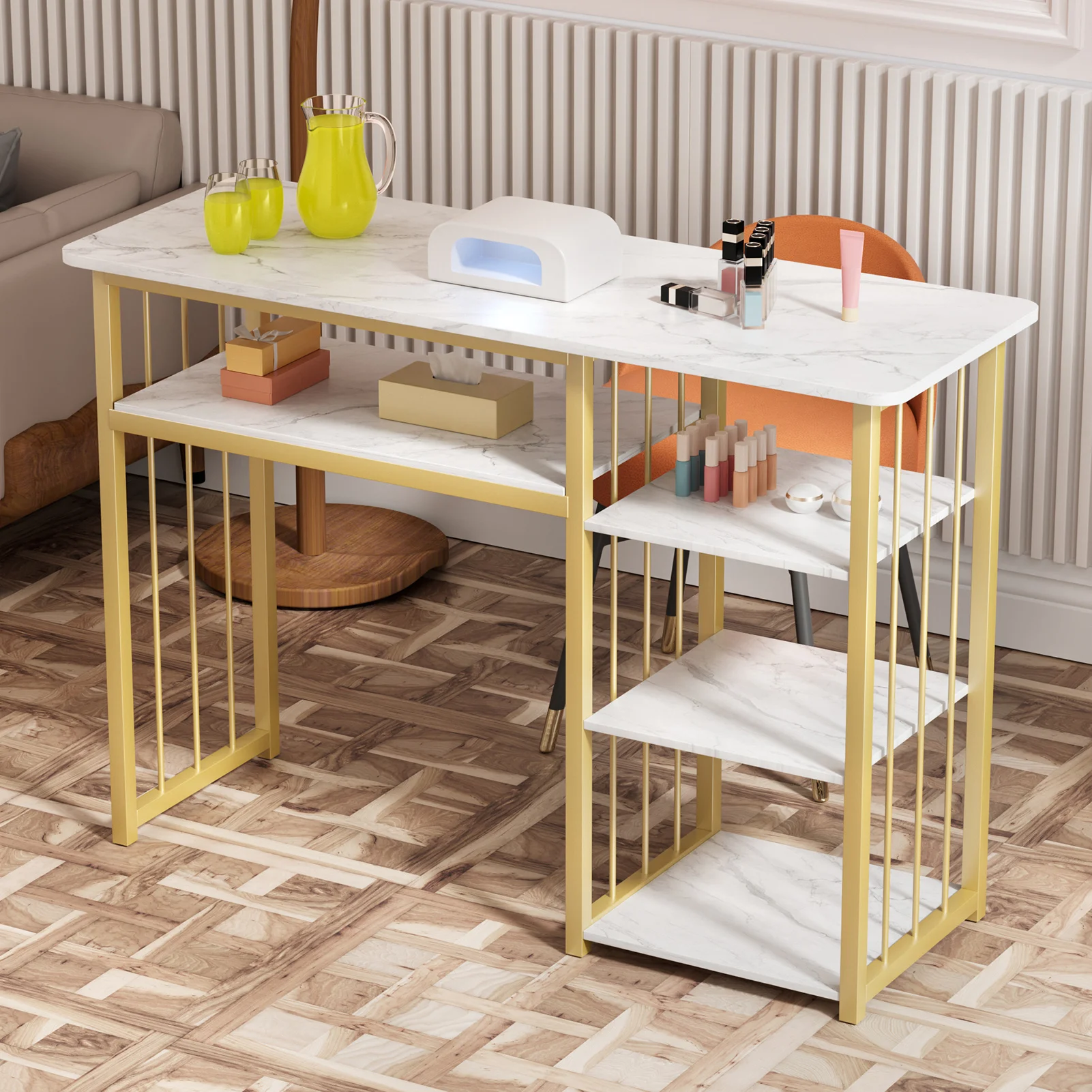 Professional Manicure Workstation with Marble-effect Design, Featuring A White Hand Rest Cushion, Specifically Designed for Use