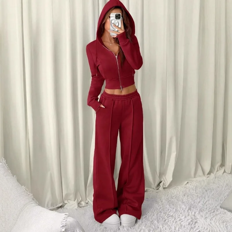 

Sweatshirt Hoodies Two-piece Suit Women's Casual Sports Sets Spring Autumn Zip-up Short Coat Straight Trousers Slim 2-piece Sets