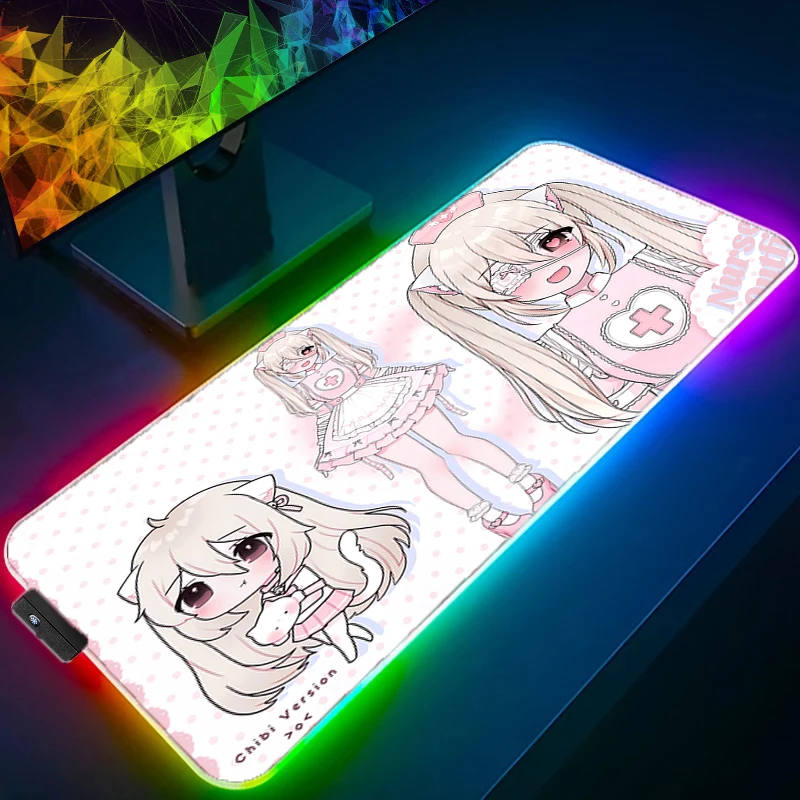 RGB LED Mouse Pad Desk Mat Anime Play Mat Pink Illustration Girl Gaming Mousepad Speed Computer and Office Gamer Keyboard Pad