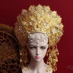 Thailand Traditional Queen Crown Ancient Costume Headwear Women Rhinestones Stage Metal