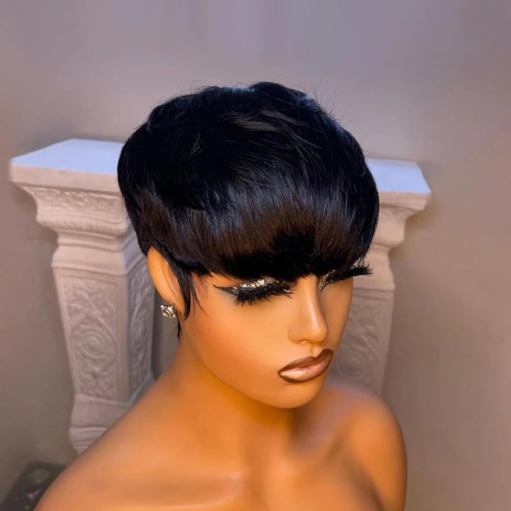 픽시 컷 스트레이트 인모 가발 여성용 전체 기계 제작 인모 가발 150% 밀도 6인치