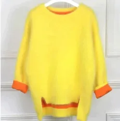 JSXDHK High Quality New Arrival Women Autumn Winter Mik Cashmere Pullovers Fashion Yellow Hit Color Knitted Thick Loose Sweaters