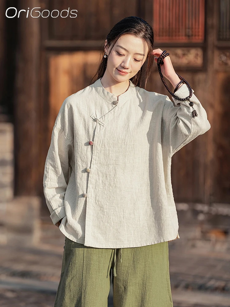 

OriGoods льняная рубашка с рукавами, женская хлопковая китайская традиционная одежда из рами, льняная блузка в стиле тай-чи, льняные топы в стиле дзен C102