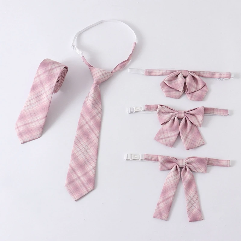 Polyester Silk Pre-Tied Tie Bowknot Sweet Pink Checkered Necktie Japanese JK Girl School Student Uniform Bowtie Neckwear