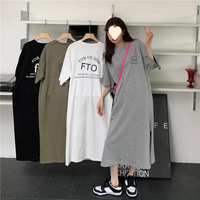 Fashionable Summer Women Clothing Korean Style Split Knee Dress Simple Letter T-shirt Dress Loose Milk Silk Short Sleeve