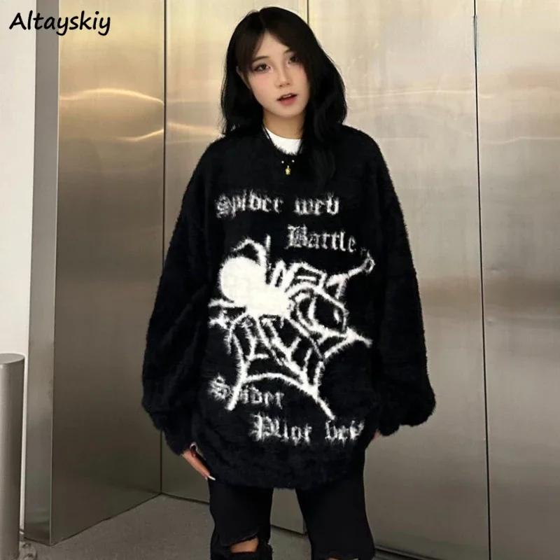 

Ameican Retro Knitted Pullovers Women Spider-prints Street Wear Punk Autumn Winter Loose Stylish Teens Sweaters Leisure Grunge