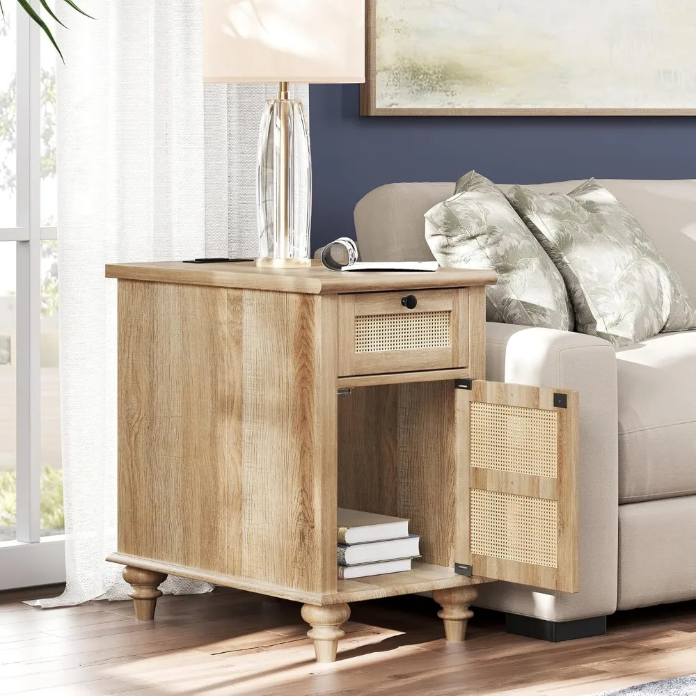 Farmhouse End Table with Charging Station, Wood Side Table with Power Outlets & USB Ports, Rattan Nightstand with Drawer