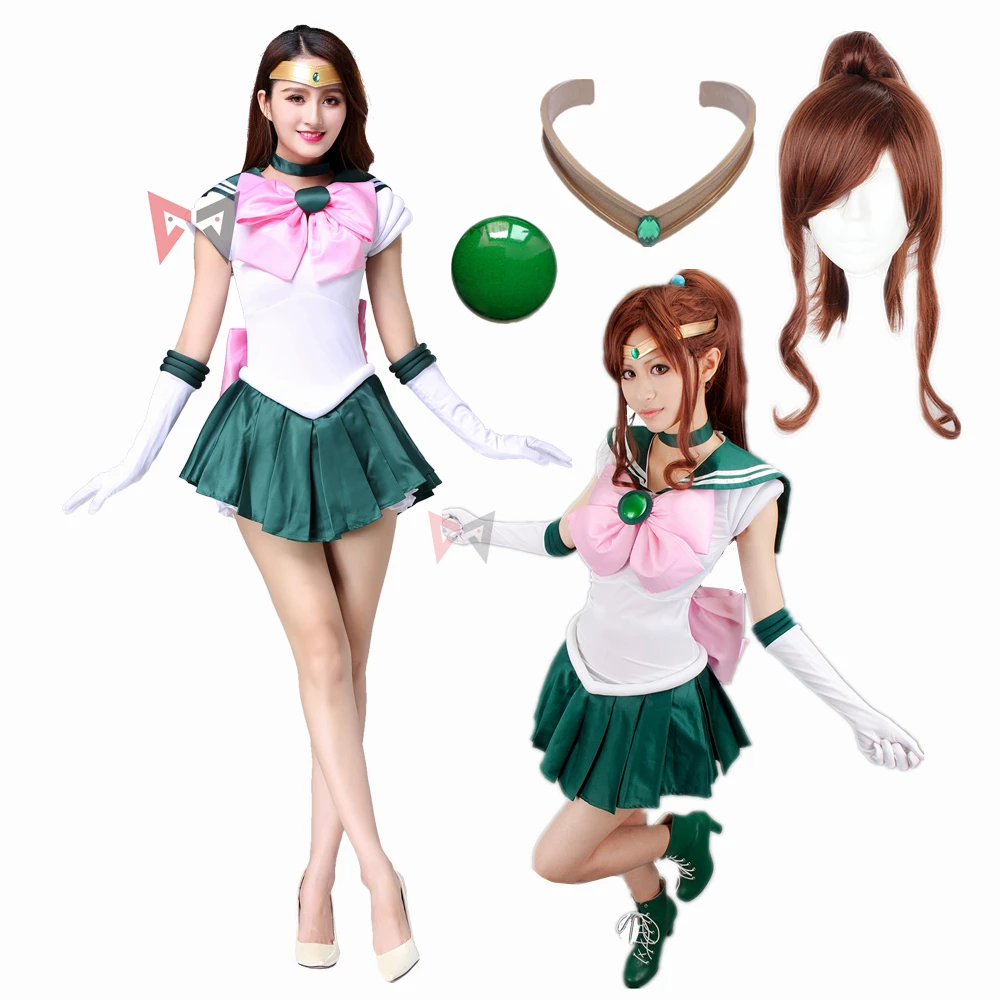 

MMGG Anime Makoto Kino Sailor Jupiter Cosplay Costume Custom Made Dress Gloves Bows Hair Rope Headband For Kids Adult Plus Size