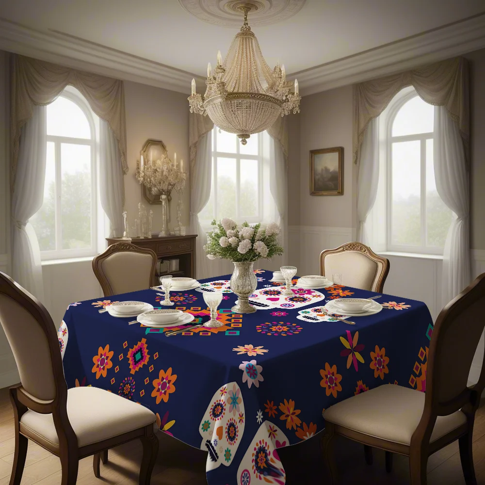 JIT 1pc square polyester tablecloth, featuring Mexican Day of the Dead style patterns and colorful flowerszyc