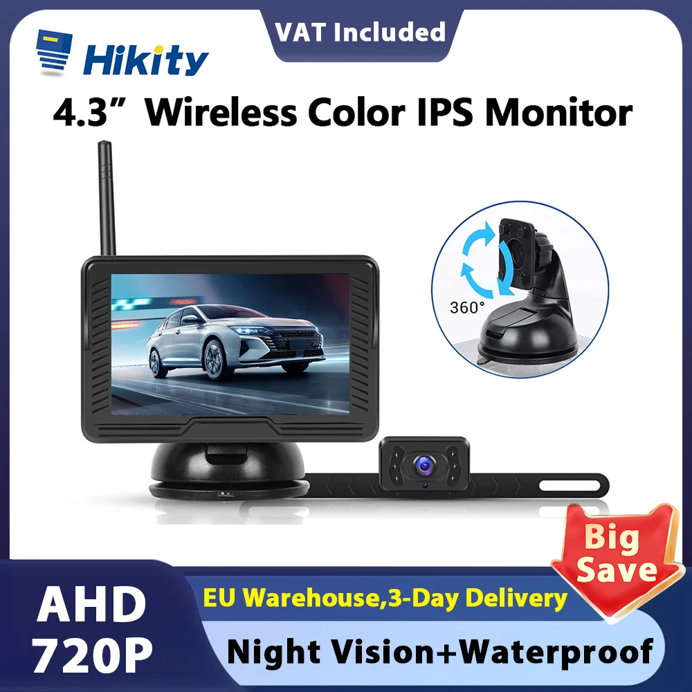 Hikity 4.3 inch Car Monitor LCD  IPS Screen Backup Camera Wireless Reverse Camera Anti-interference Long Range IP69 Waterproof