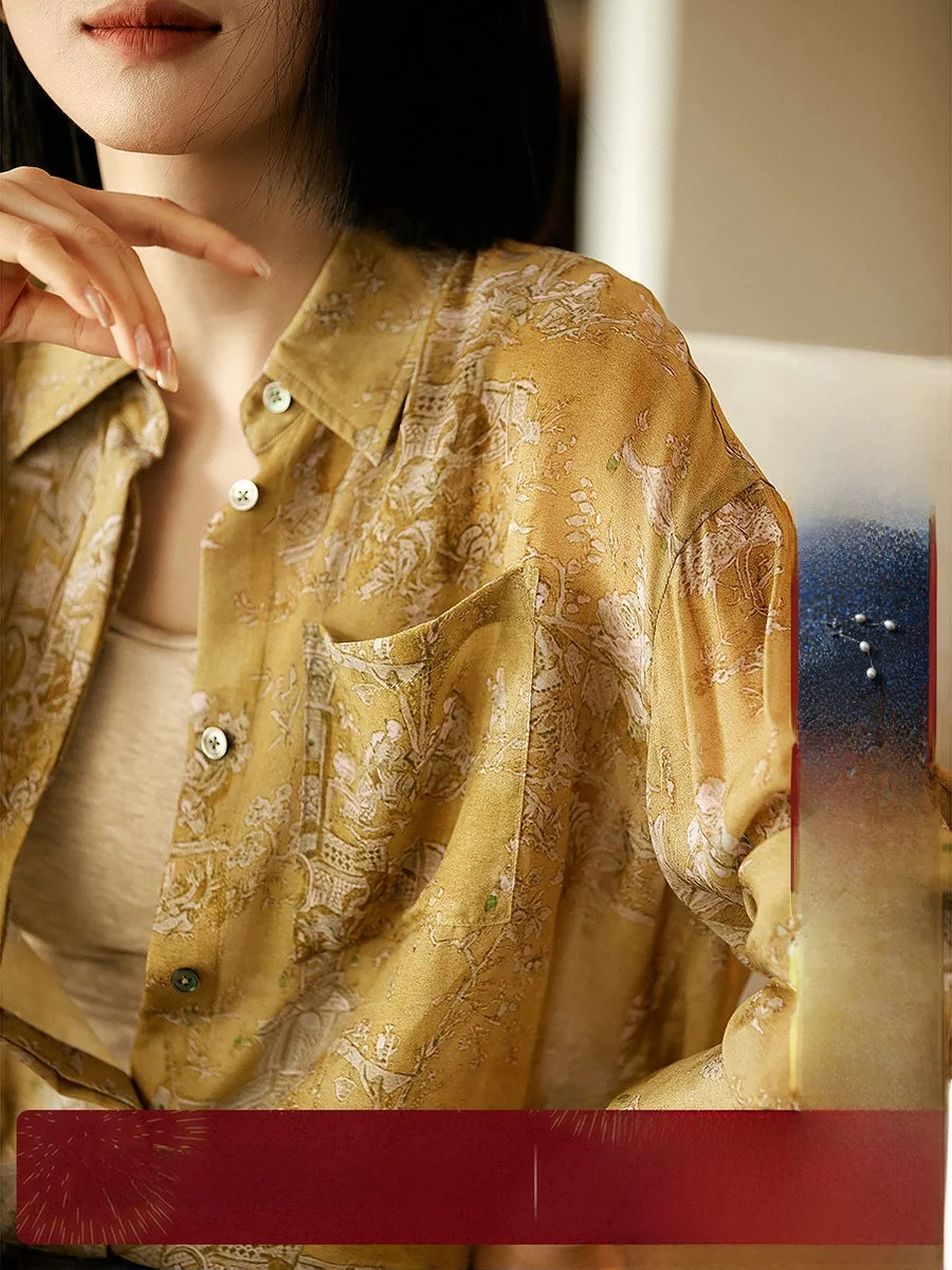 

Ele Silk Chiffon Printed irt Women's New Sle Casual Wind Flower And Poem Lightweight Flowing Turn-down Collar Blouse