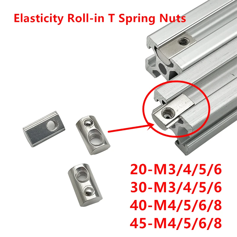 100/50/20pcs Half Round Ball Elasticity Roll-in T Spring Nuts M3 M4 M5 M6 M8 for 2020 3030 4040 4545 Aluminum Profiles Extrusion