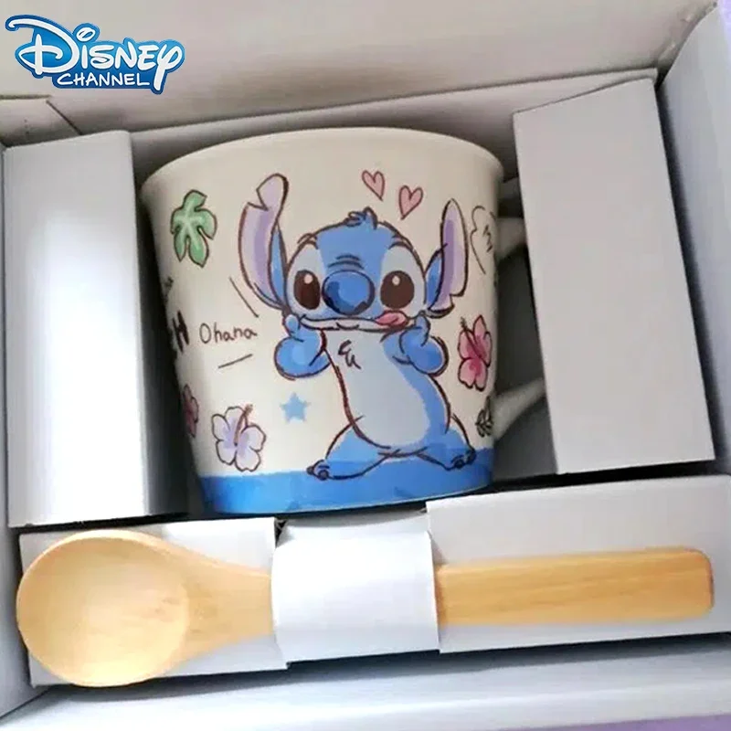 Disney Stitch Contain Spoon Ceramic Mark Cup Cartoon Mickey Mouse Milk Cup Cute Donald Duck Coffee Boxs Party Decoration Gifts