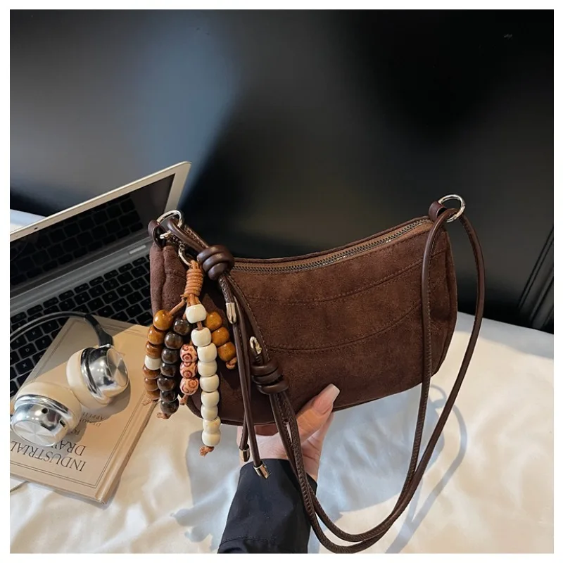 

New Zipper Sewing Thread Faux Suede Sweet Shoulder Bags 2025 High Quality Solid Color Commute Design Crossbody Bags for Women