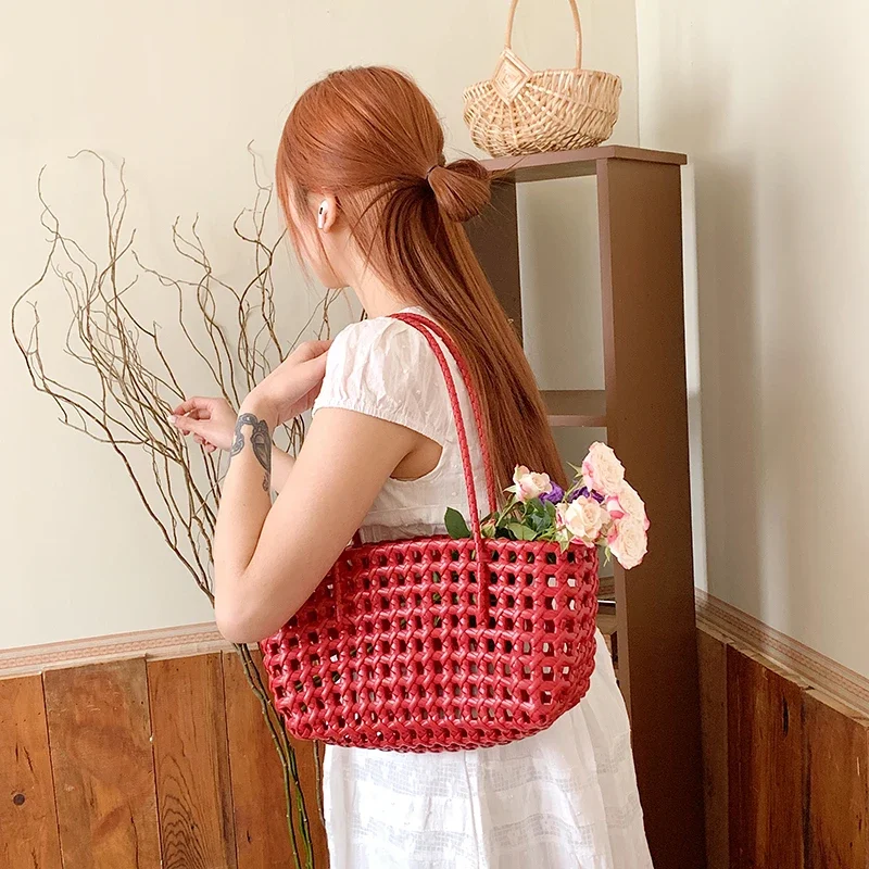 Fashion PVC Woven Bag Woman Handbag Satchel Large Capacity Vegetable Basket Plastic Weave Beach Bag Summer Shopping Shoulder Bag