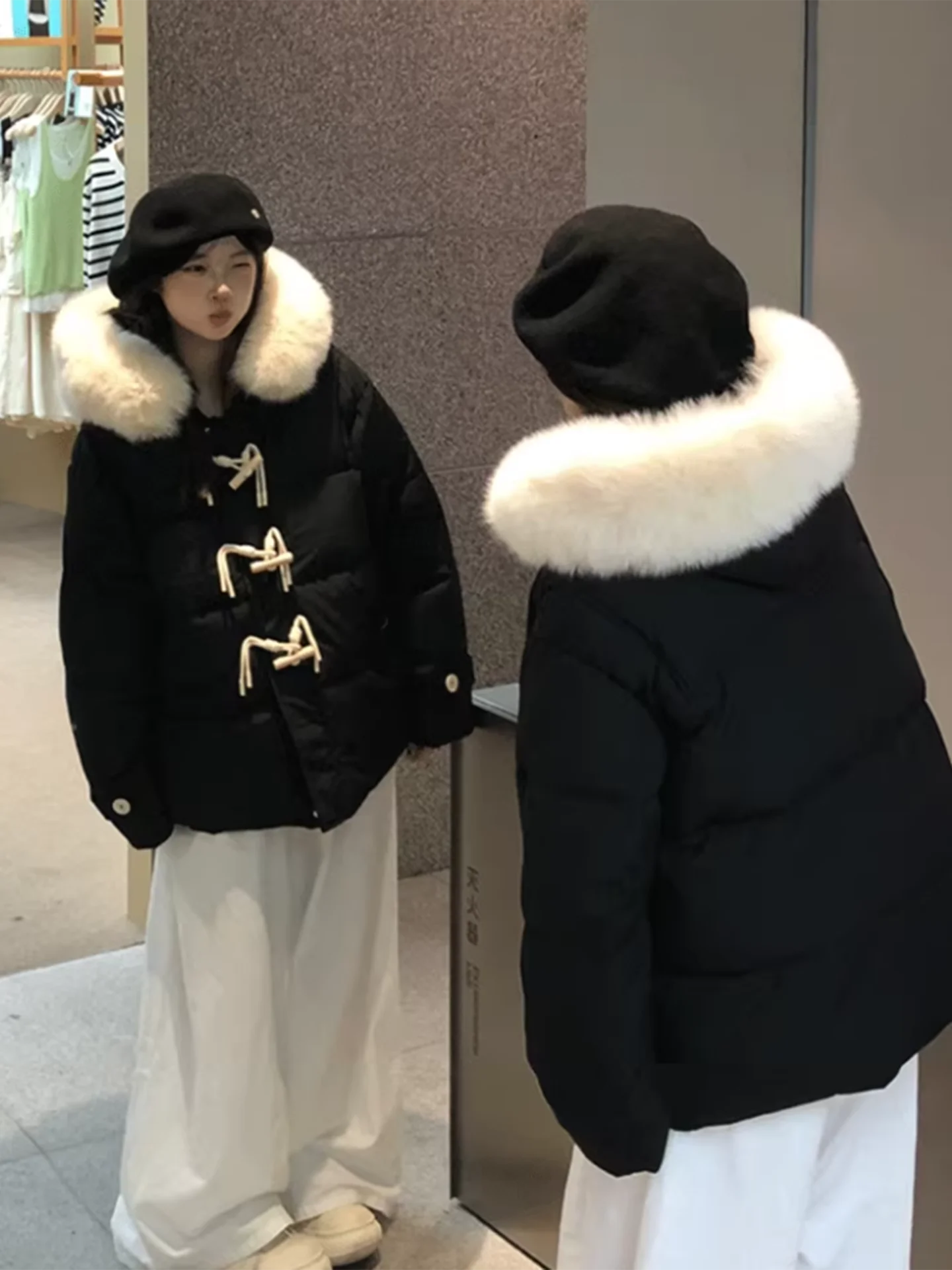 블라 여성용 겨울 패딩 재킷, 테니드 퍼 칼라, 버튼 디자인, 따뜻한 아우터, 한국 스타일, 출퇴근 패션, 롱 슬리브