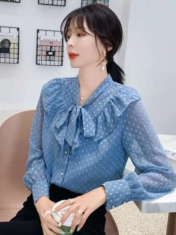

Женская осенняя новая блузка с рюшами и бантом на горловине, в милом стиле, с длинным рукавом, из полиэстера, тонкая, однотонная, несминаемая