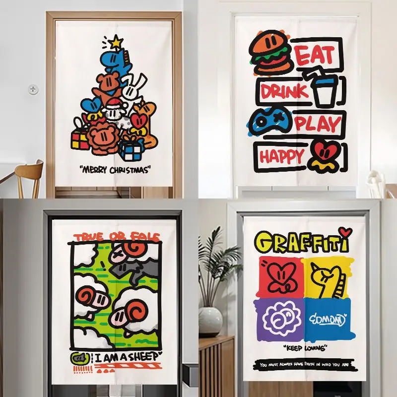 VIKAMA Cute Cartoon Graffiti Christmas Half Door Curtain Bedroom Kitchen Entrance Home Decoration