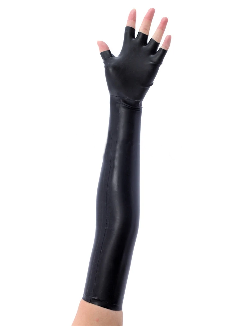 New Style Latex Rubber Black Sexy Reveal Five Fingers Gloves Fashion Adornment Special Long Gloves Size S-XXL