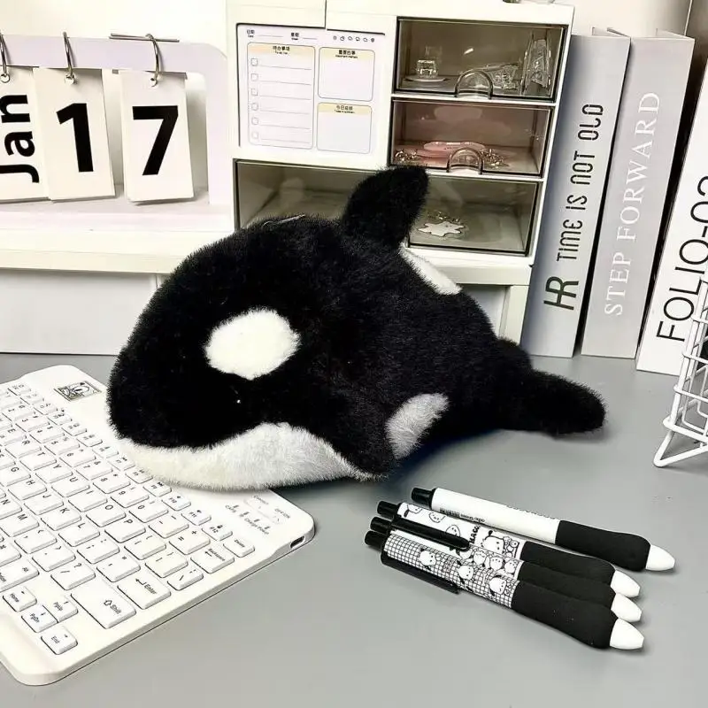 Cartoon Plush Killer Whale Pen Bag Large Capacity Stationery Bag Student Gift For School Office Funny Pencil Case