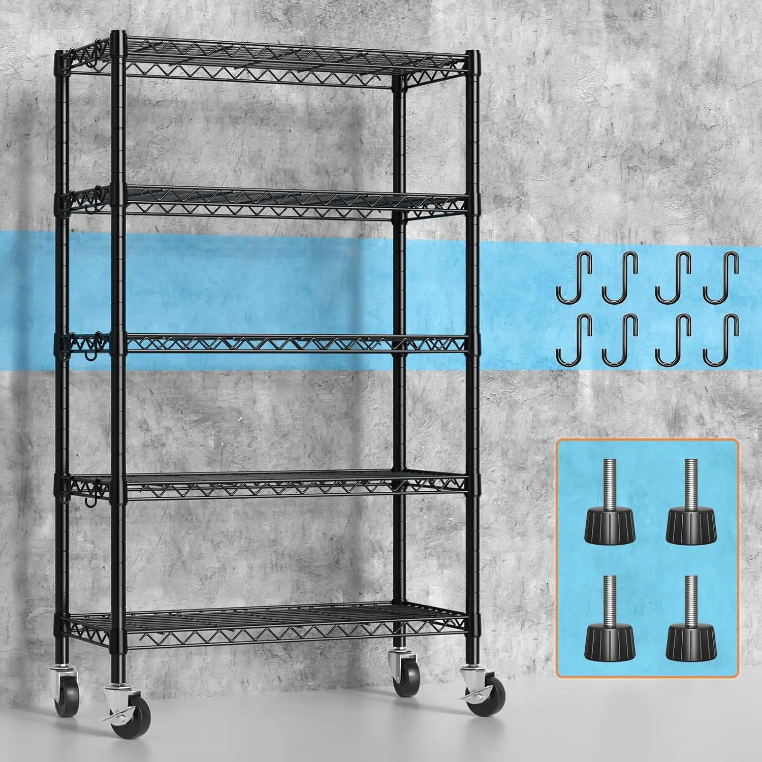 

Wire Shelving Unit with Wheels, 1900 LBS Capacity Metal Storage Shelves, 5 Tier, Adjustable, Heavy Duty NSF Metal Shelf