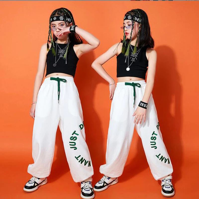 Kids Kpop Outfits Hip Hop Clothing Crop Tank Vest Casual Streetwear Sweat Jogger Pants for Girl Jazz Dance Costume Rave Clothes