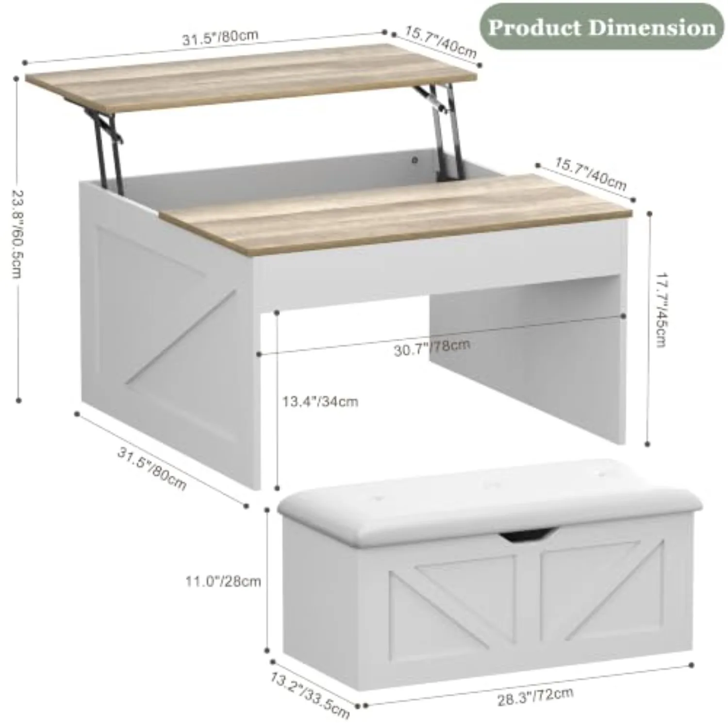Lift Top Coffee Tables with Storage Hidden Compartment, 31.5 Farmhouse Coffee Tables with Bench, Center Table with