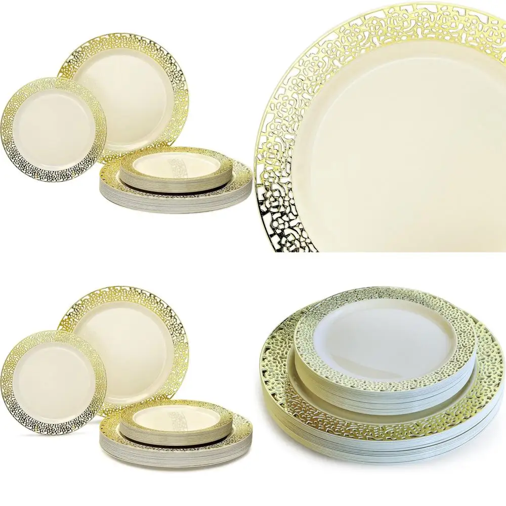 

Premium Heavyweight 240-Piece Wedding Party Plastic Plate Set - 120 Ivory/Gold Dinner Plates & 120 Salad/Dessert Plates