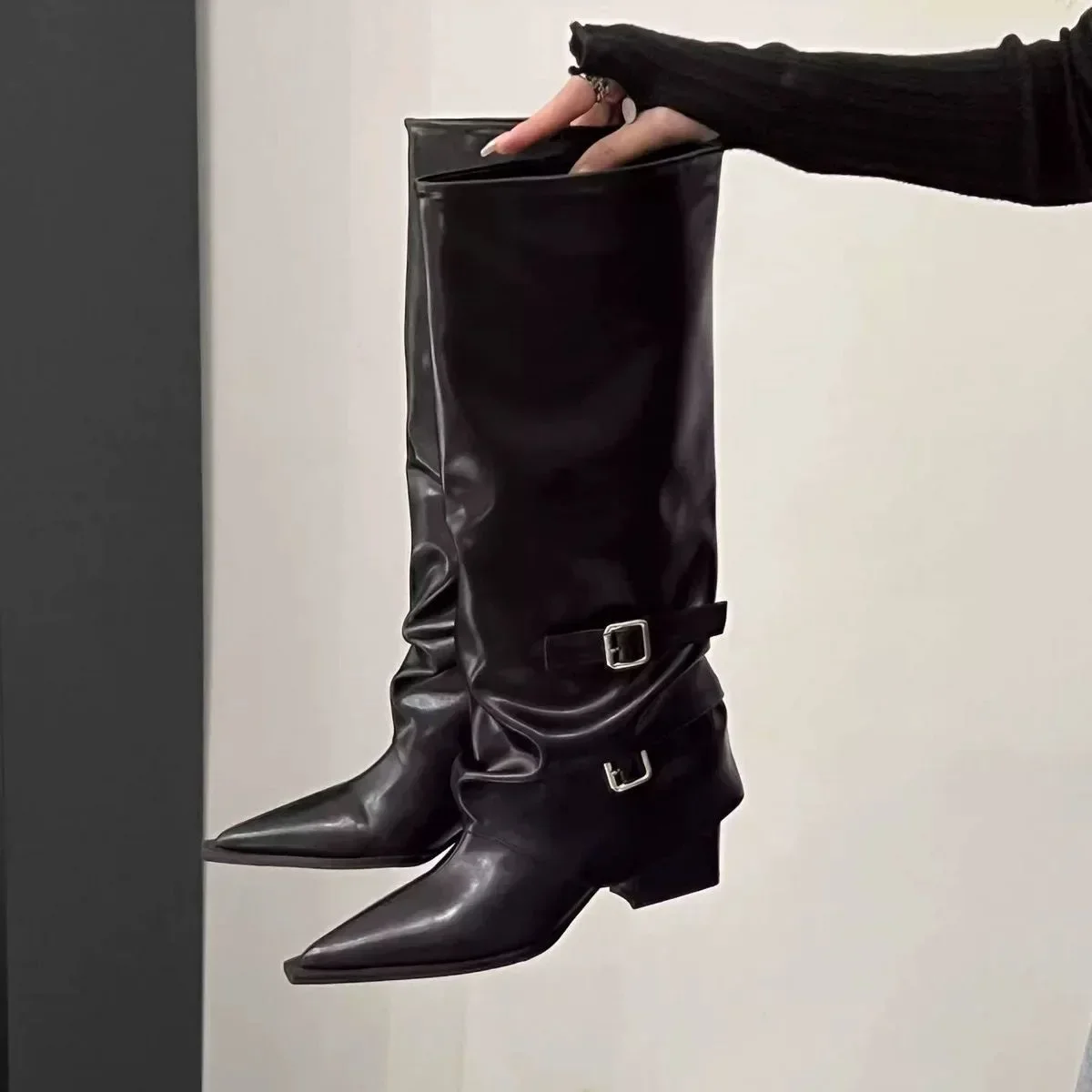 Vintage Damenstiefel mit Dickem Absatz, Frühling/Herbst, Elegante Ritterstiefel mit Gürtelschnalle – Detail 9