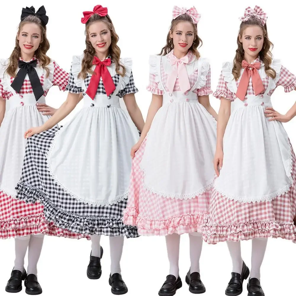 Four-Color Farm Costume Red And White Checked Lace Oktoberfest Costume Maid Master Dress