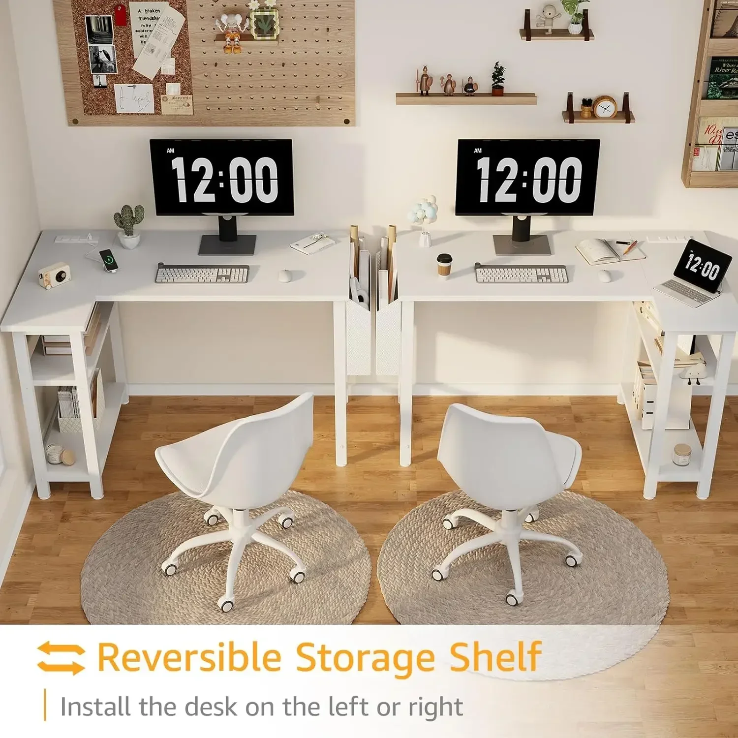 White L Shaped Computer Desk with Power Outlet Shelves, 40 Inch Small Corner Desk for Small Space Home Office, Study Work