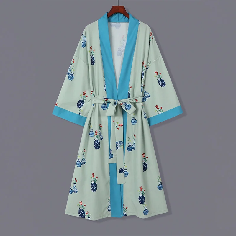 الأوروبية والأمريكية فضفاضة الرجعية أنيقة حجم كبير منتصف طول مطبوعة كيمونو سترة الصيف التعادل متابعة يوكاتا ثوب النوم الشاطئ الشمس حماية التستر سترة