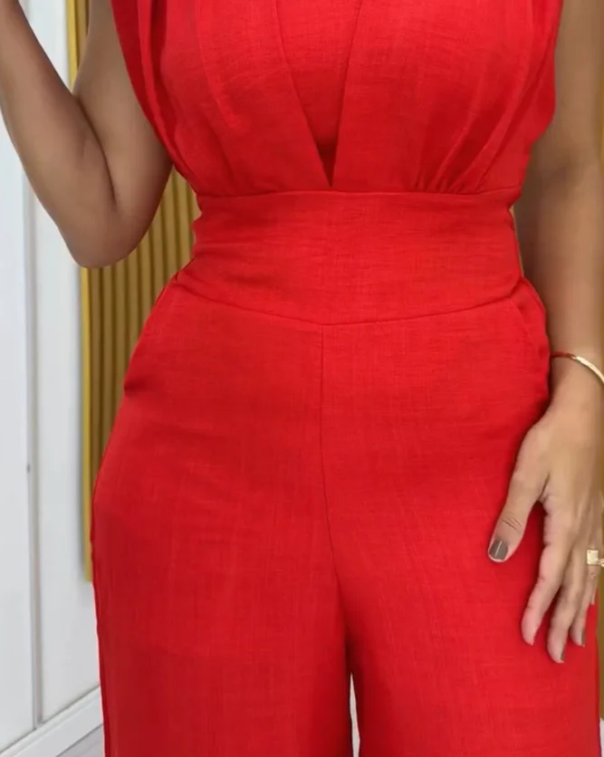 V 넥 민소매 셔링 점프 슈트 캐주얼 루즈 피트 Romper 섹시하고 우아한 여성을위한 전체 길이