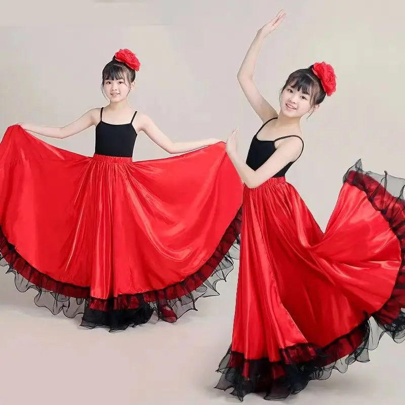 Falda de Flamenco español gitano para niña, traje de escenario para fiesta de carnaval, salón de baile, Festival de danza del vientre, satén suave, columpio grande